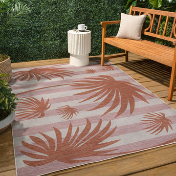 Veronica Classic Beach Stripe And Palm Leaf Indoor/Outdoor Area Rug